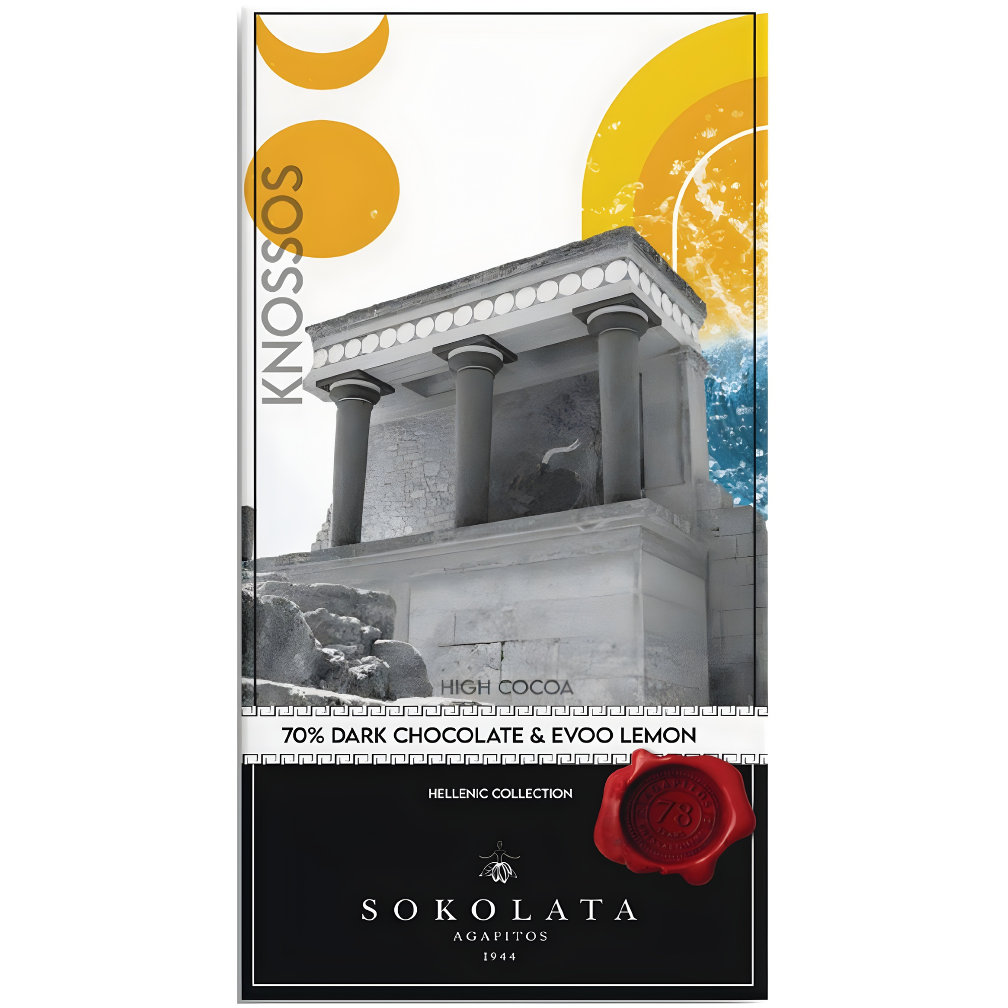Sokolata Crete - Knossos / 70% Dark Chocolate & EVOO Lemon, Raisin 100g